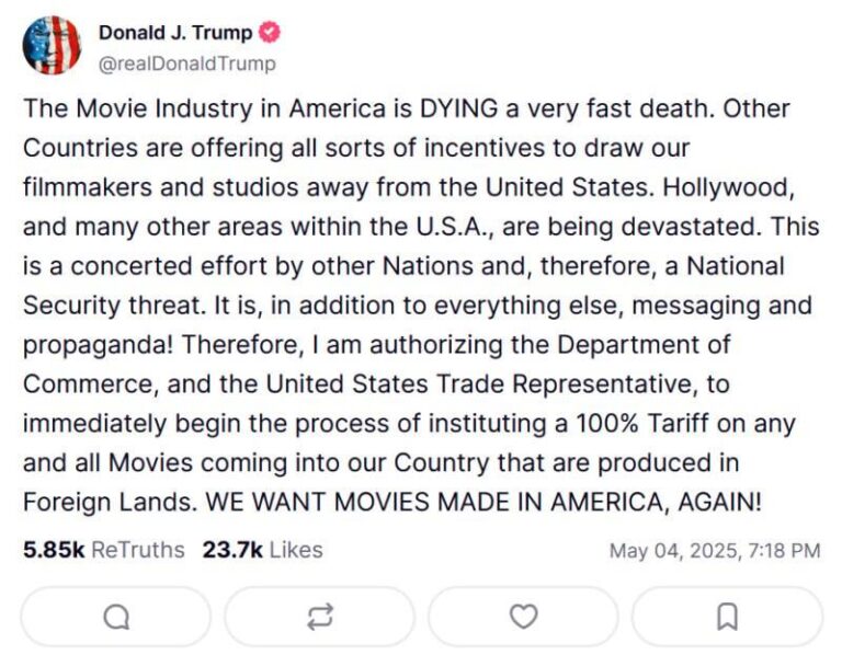 Trump announces 100% tariffs on movies made overseas, surprising studios – Los Angeles Times