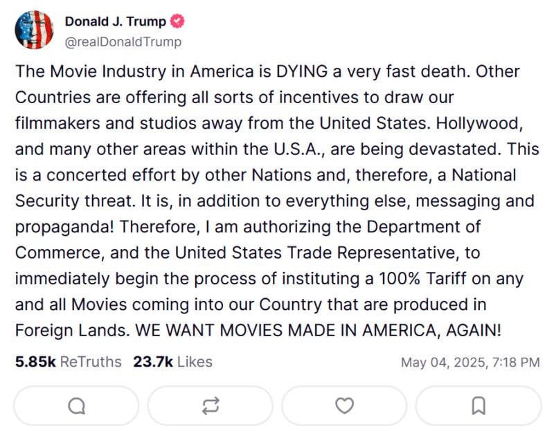 Trump announces 100% tariffs on movies made overseas, surprising studios – Los Angeles Times